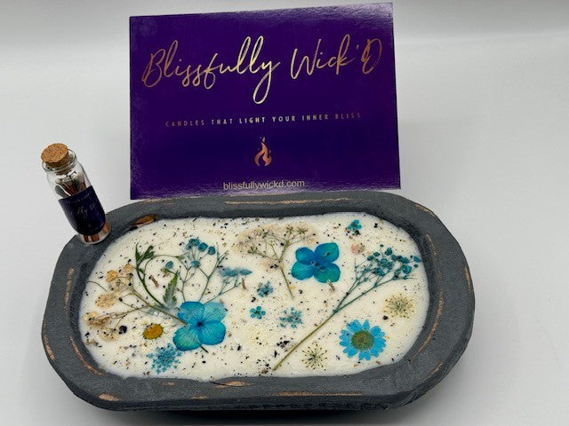 Dried Floral Botanical Candle in a Wooden Bowl- C