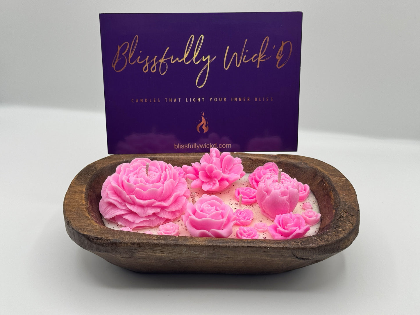 Pink Flowerbed Soy Candle in a Wooden Bowl