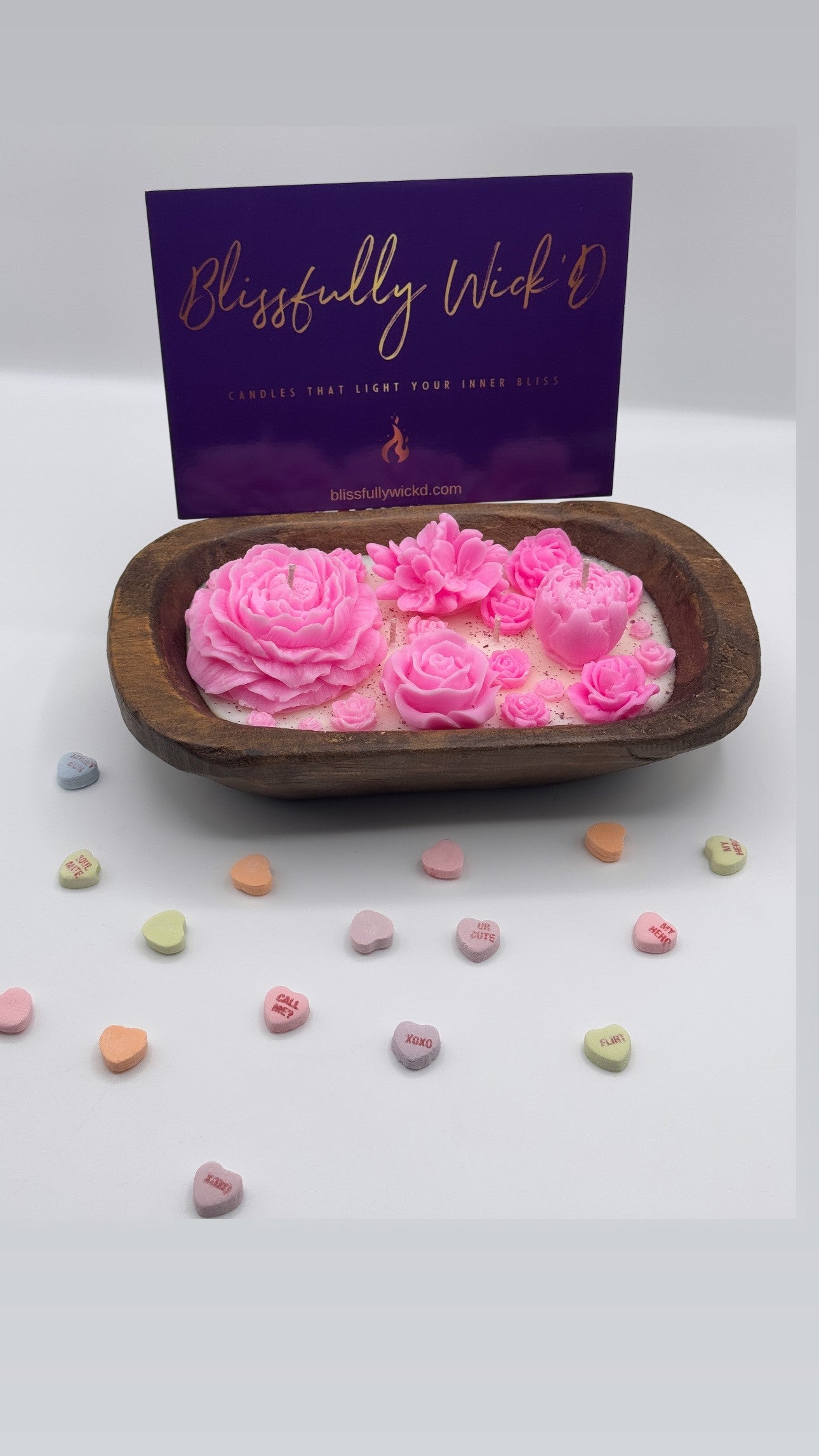 Pink Flowerbed Soy Candle in a Wooden Bowl
