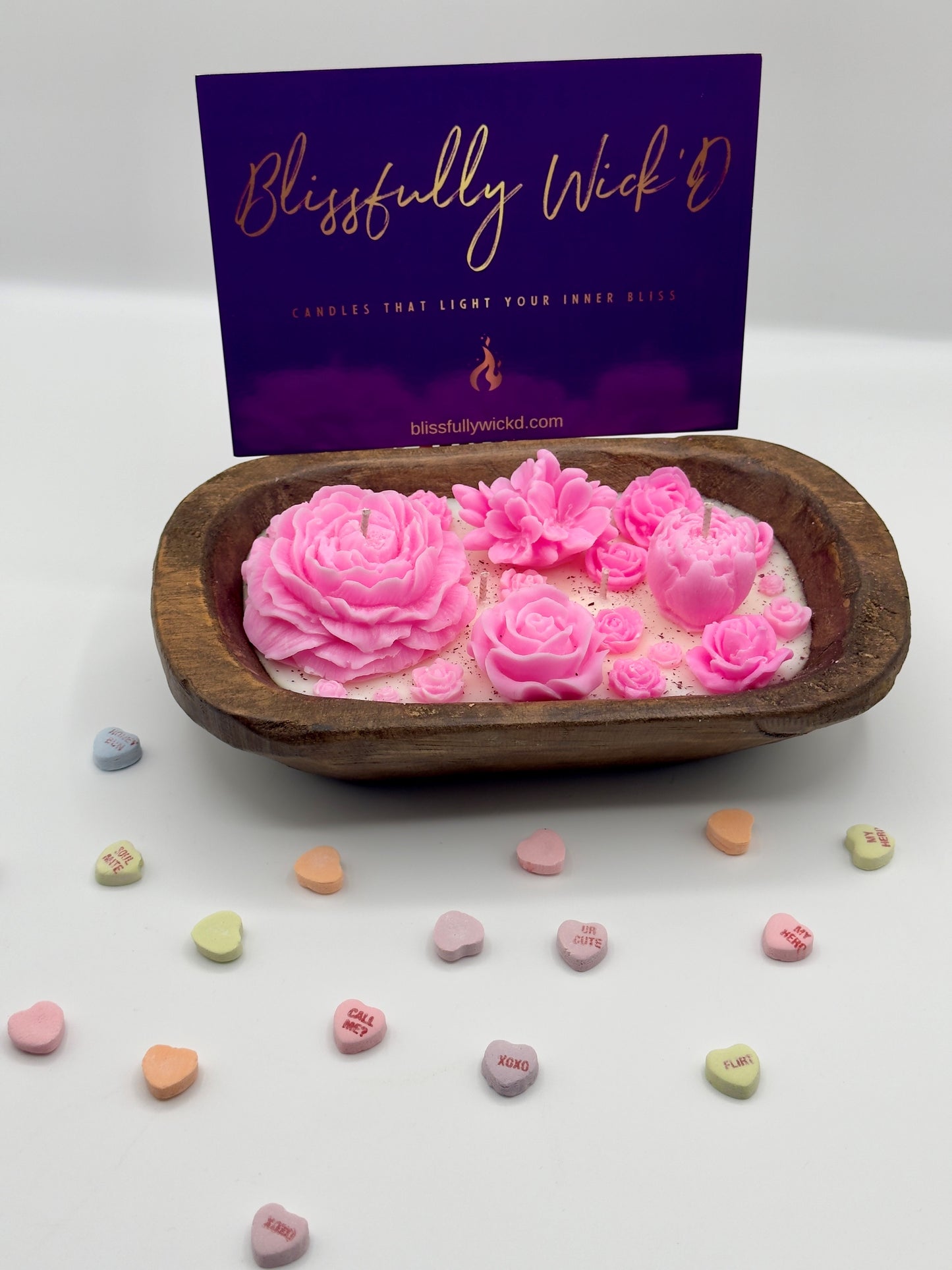 Pink Flowerbed Soy Candle in a Wooden Bowl
