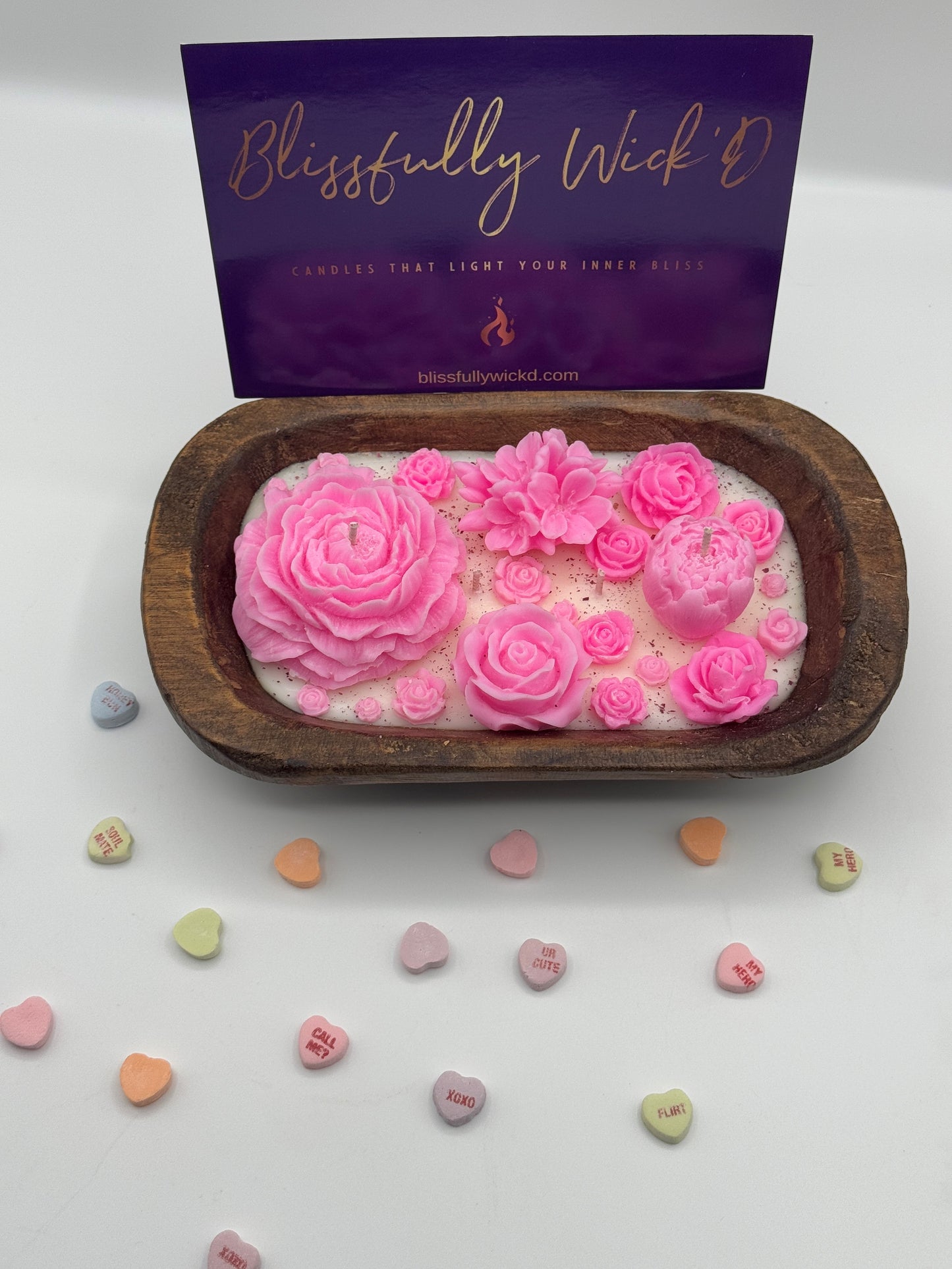Pink Flowerbed Soy Candle in a Wooden Bowl