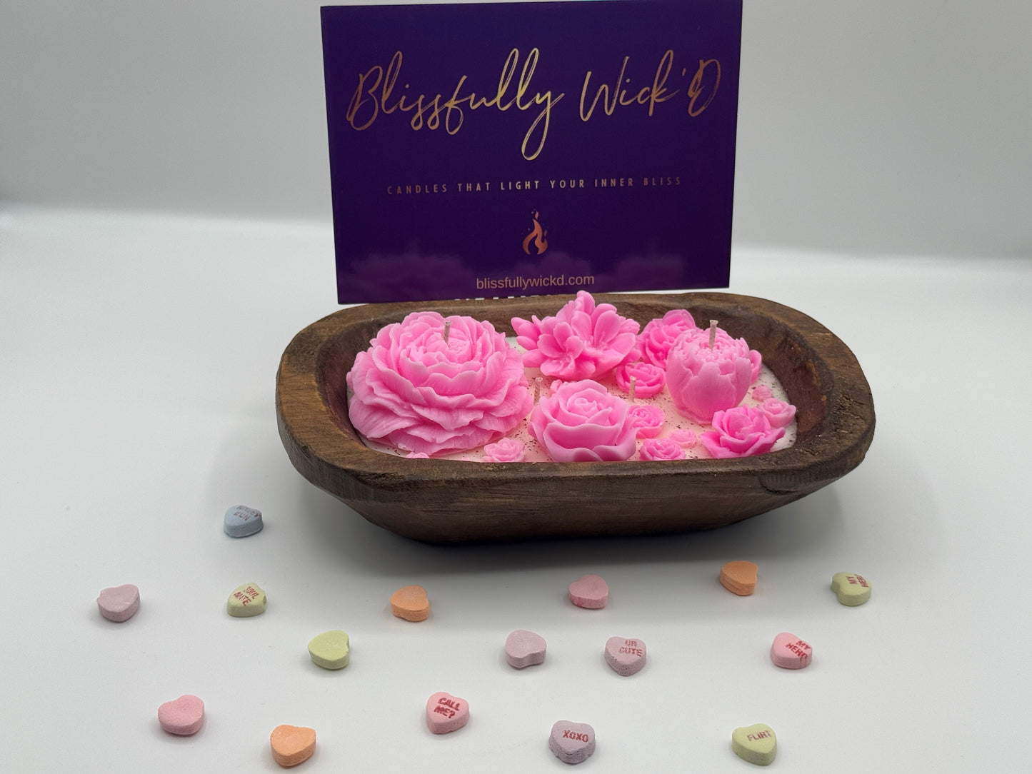 Pink Flowerbed Soy Candle in a Wooden Bowl