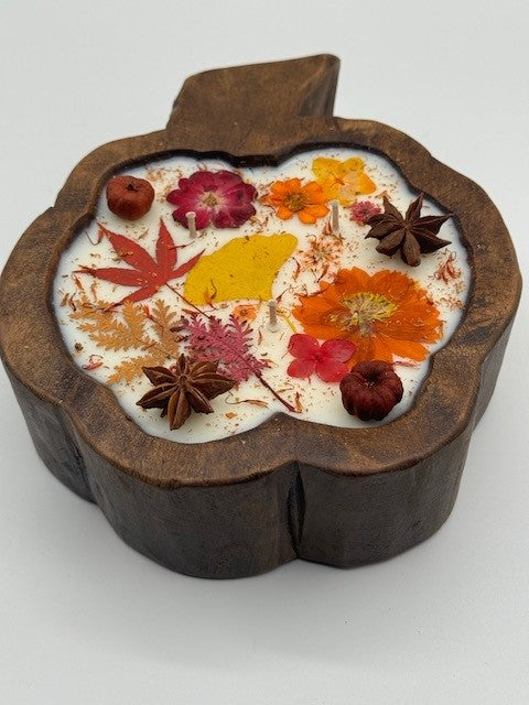 Dried Floral Botanical Candle in a Wooden Pumpkin- Fall