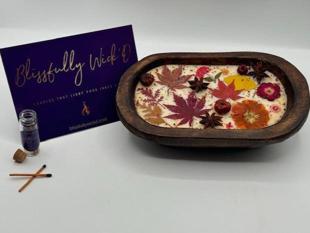 Dried Floral Botanical Candle in a Wooden Bowl- Fall