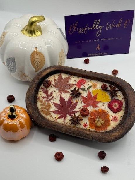 Dried Floral Botanical Candle in a Wooden Bowl- Fall