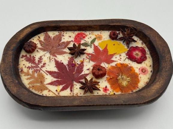 Dried Floral Botanical Candle in a Wooden Bowl- Fall