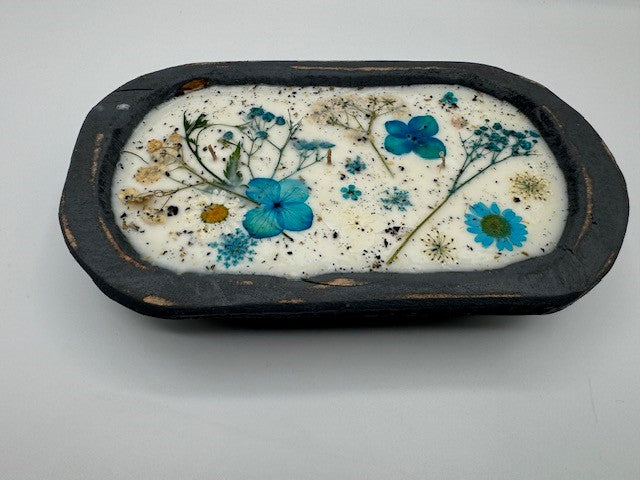 Dried Floral Botanical Candle in a Wooden Bowl- C