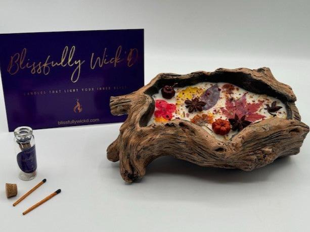 Dried Floral Botanical Candle in a Log Bowl