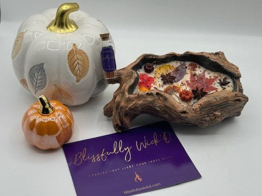 Dried Floral Botanical Candle in a Log Bowl