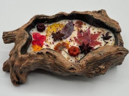 Dried Floral Botanical Candle in a Log Bowl