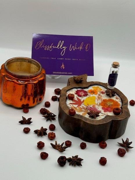 Dried Floral Botanical Candle in a Wooden Pumpkin- Fall