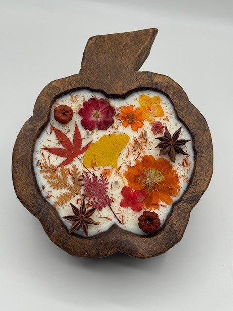 Dried Floral Botanical Candle in a Wooden Pumpkin- Fall