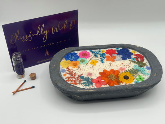 Rainbow Dried Floral Botanical Candle in a Wooden Bowl